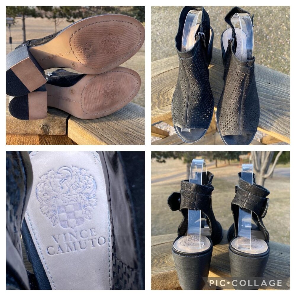 Vince Camuto Keannie Sandal Black Laser Cutout Leather Open Toe Block Heel 7M 37 - Picture 11 of 12